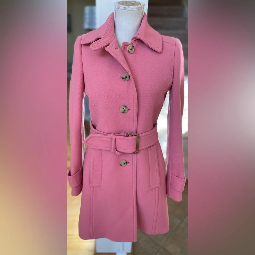 J. Crew Pink Double Cloth Wool  Trench Coat- Size 4 - Picture 2 of 16